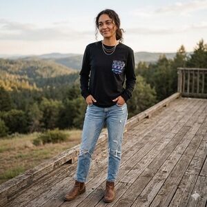 Unisex Black Long Sleeve Tee With Embroidered Pocket Design